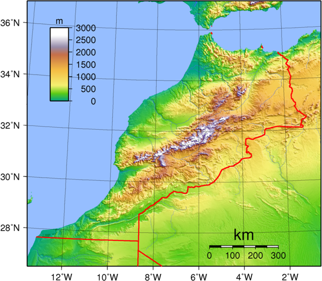 Marokko, Landkarte, Relief, Topographie